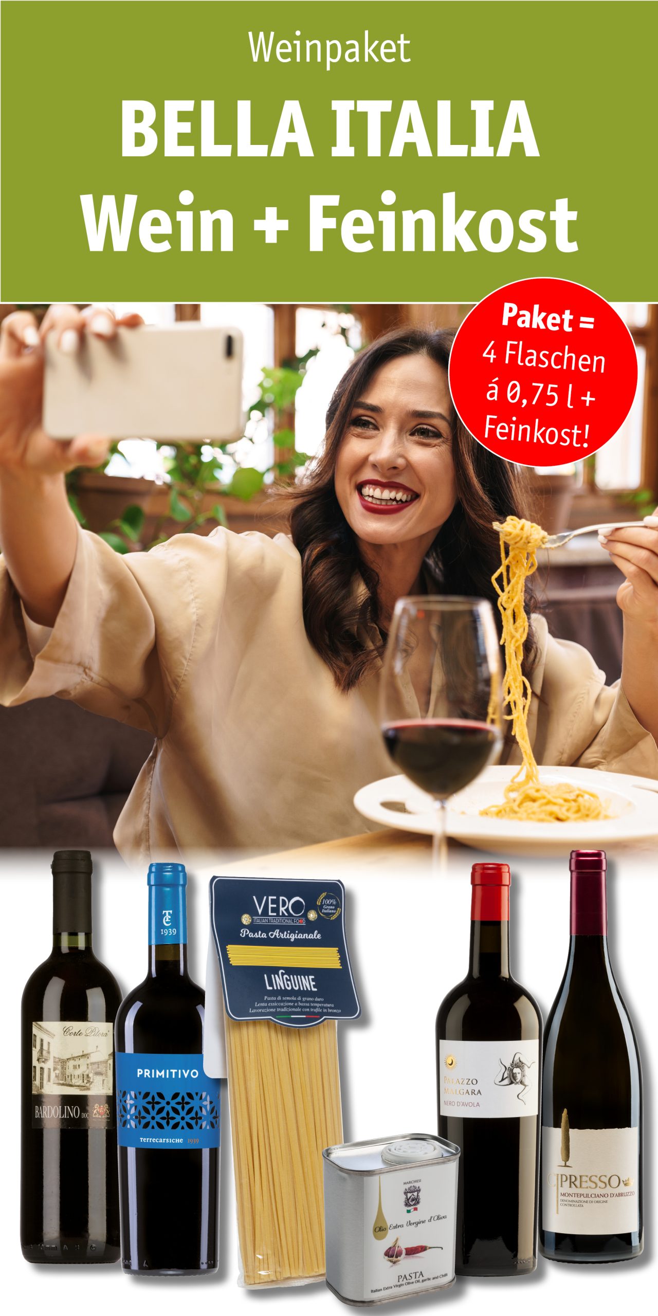 Bella Italia Wein + Feinkost (4 Fl. plus Feinkost)