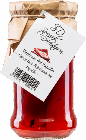 Pimientos del Piquillo entero extra con Ajo - Barcino Gourmet S.L./Spanish Delicatessen - Feinkost - Oliven & Tapas